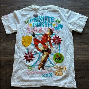 Minute Mirth Graphic Pinup Tee Tattoo Graffiti White Multi-Color Print Large